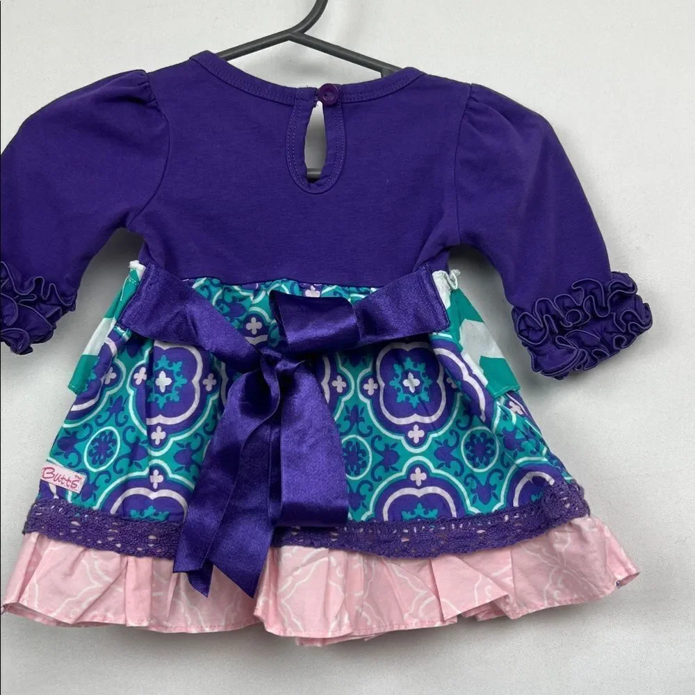 Ruffle Butte Purple Green &pink dress with bow and flower size 3-6 months